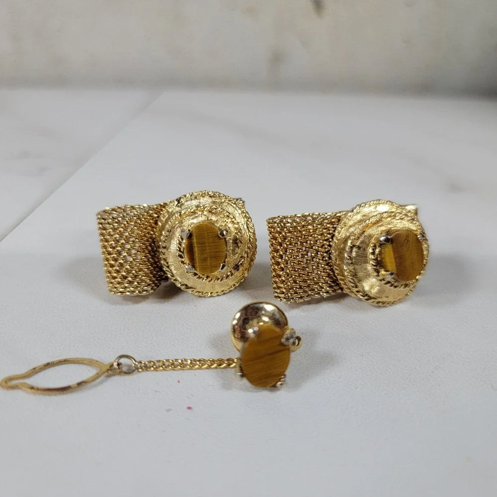 TIGER'S EYE MESH CUFFLINKS WRAP AROUND VINTAGE MID CENTURY Tie‎ Tack